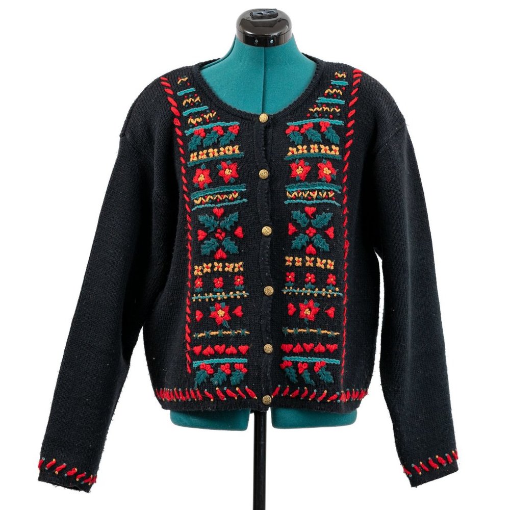 Vintage 90s Black Long Sleeve Embroidered Sweater Cardigan Cottage Core Women's